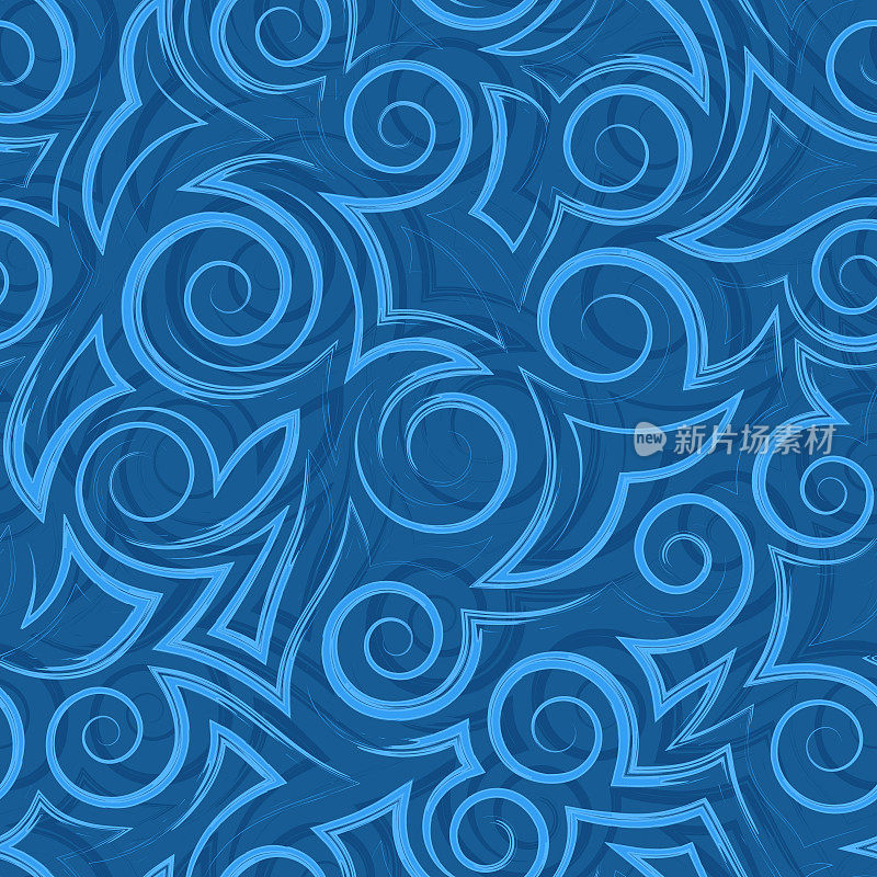 Stock vector seamless pattern of blue spirals and flowing smooth stripes.Vector seamless pattern of blue spiral waves and swirls